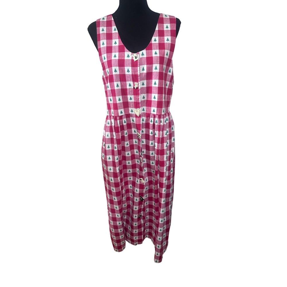 Vintage‎ J.G. Hook Red Gingham Christmas Tree Button Front Midi Dress Womens 8
